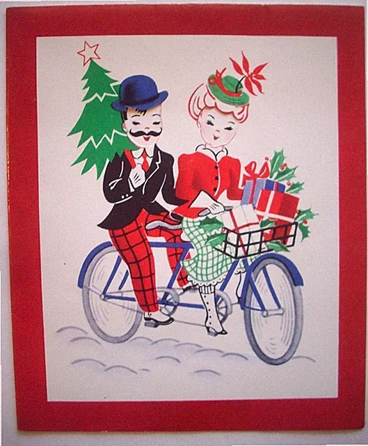 Couple on tandem bicycle for two vintage Christmas greeting card *M9