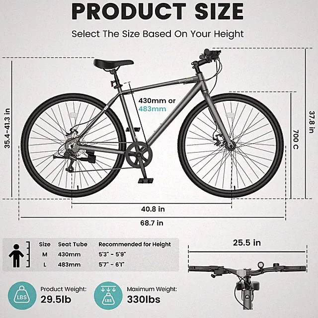 EOYOBIKE Lightweight Aluminum Hybrid Bike 700C 8Speed Disc Brake 330lbs Capacity